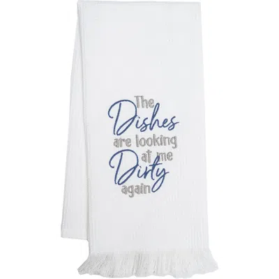 Carol & Frank Dishes Looking At Embroidered Waffle Weave Kitchen Towel In White