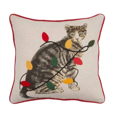Carol & Frank Naughty Kitty With Light Bulbs Piped Lumbar Throw Pillow 18" X 18" In Red