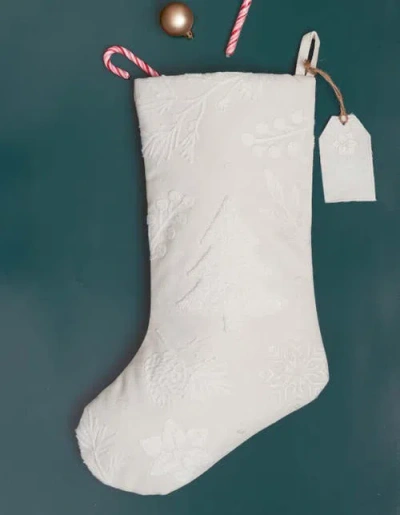 Carol & Frank Yuletide Botanical Pine Forest Tagged Tufted Christmas Stocking In White