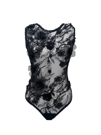 Carol Coelho Women's Amber Black 3d Flower Embroidered Bodysuit