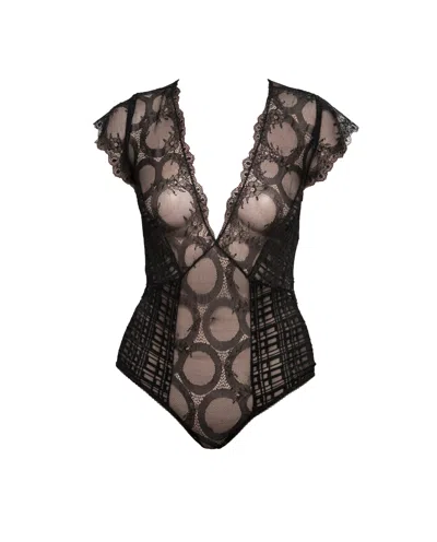 Carol Coelho Women's Black Mind Games Lace & Check Stretch Tulle Ouvert Bodysuit
