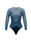 Carol Coelho Women's Blue Hydros Lace, Velvet & Tulle Long Sleeve Bodysuit In Blue
