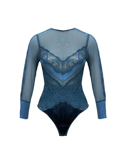 Carol Coelho Women's Blue Hydros Lace, Velvet & Tulle Long Sleeve Bodysuit