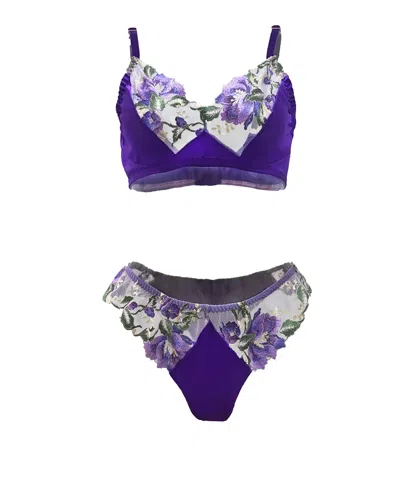 CAROL COELHO WOMEN'S PURPLE THEORY OF STRINGS EMBROIDERED SATIN BLEND DARK FLUTTER TANGA