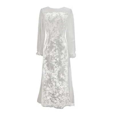 Carol Coelho Women's Star Embroidered Off White Sheer Tulle Long Gown