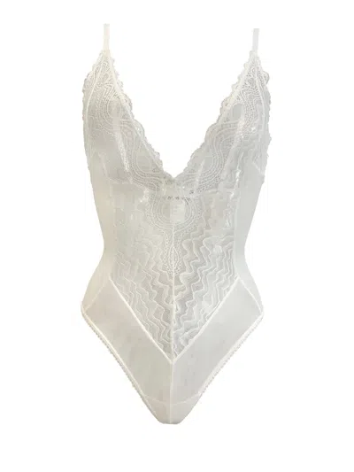 Carol Coelho Women's White Spider's Web Tulle & Lace Contour V-neck Bodysuit