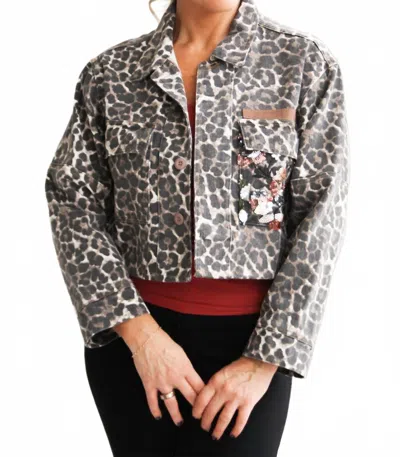 ​carole Christian Denim Jacket With Sequin Floral Mesh Back In Leopard In Multi