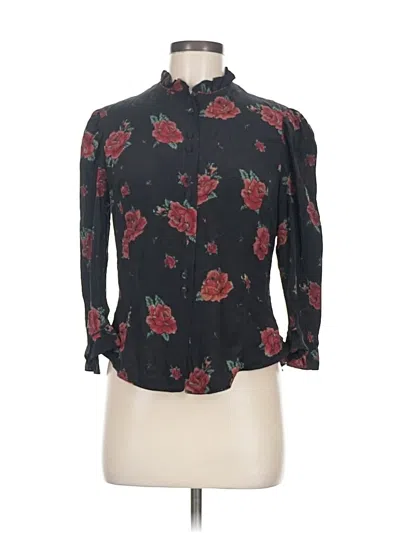 Pre-owned Carole Little Long Sleeve Silk Top Black Floral Pattern Mock Neckline Tops