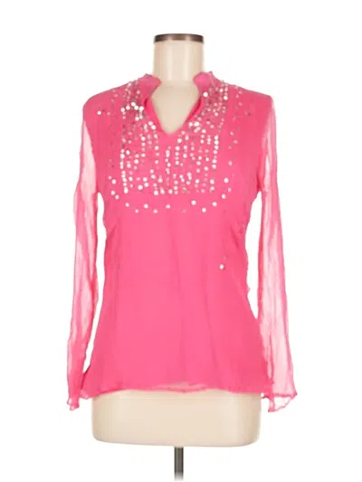 Pre-owned Carole Little Long Sleeve Silk Top Pink Open Neckline Tops