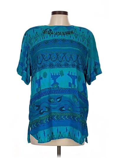 Pre-owned Carole Little Short Sleeve Top Teal Keyhole Neckline Tops In Blue