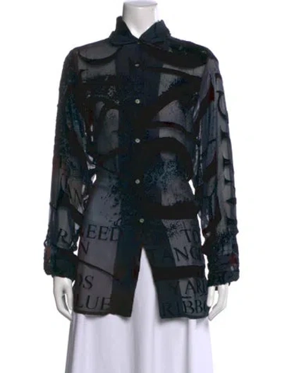 Pre-owned Carole Waller Graphic Print Long Sleeve Button-up Top In Black