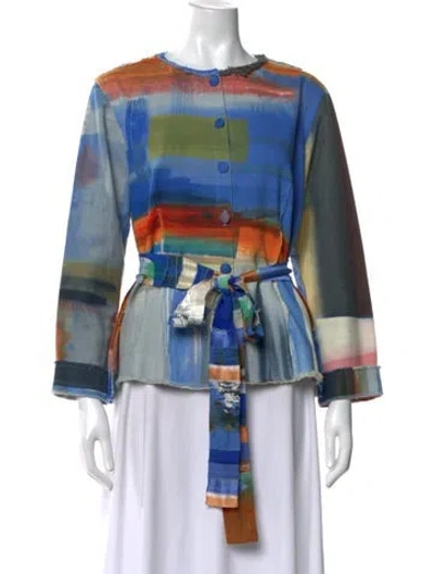 Pre-owned Carole Waller Printed Crew Neck Button-up Top In Blue