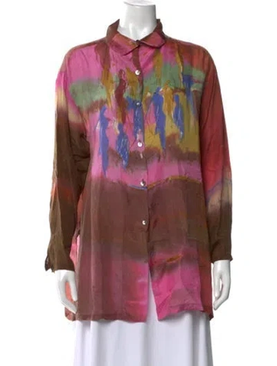Pre-owned Carole Waller Printed Long Sleeve Button-up Top In Pink