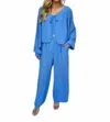 Carole's Collections Twill Pant Set Tie Front In Blue In Blue