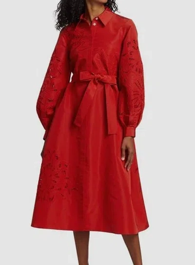 Pre-owned Carolina Herrera $4290  Women's Red Embroidered Belted Midi Trench Dress Size 8