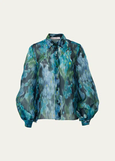 Carolina Herrera Puff-sleeve Silk Button-down Shirt In Midnightmu