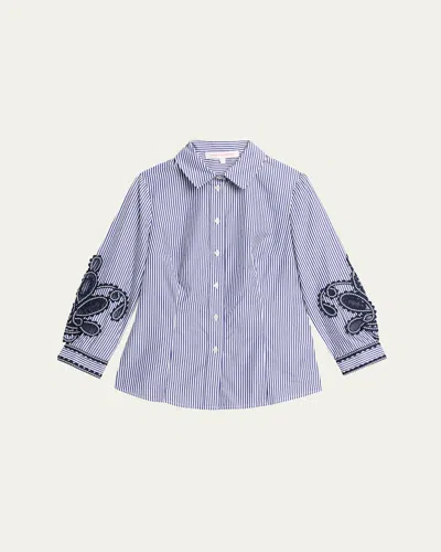 Carolina Herrera Ana Embroidered Striped Poplin Button-down Shirt In Blue