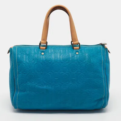 Pre-owned Carolina Herrera Andy Large Blue Monogram Embossed Leather Satchel
