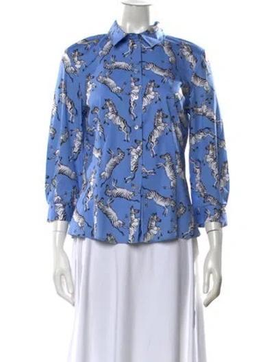 Pre-owned Carolina Herrera Animal Print Long Sleeve Blouse In Blue