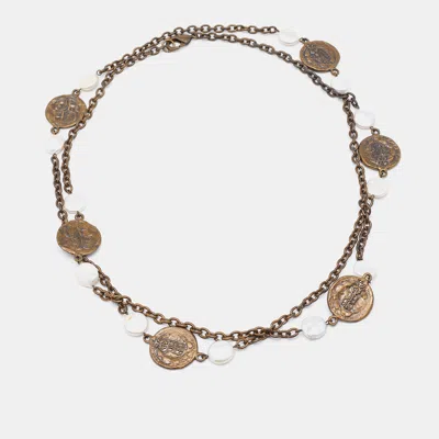 Pre-owned Carolina Herrera Antique Finish Metal Pearl Station Necklace In Brown