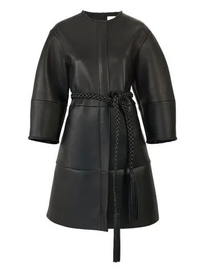 Carolina Herrera Arc Sleeve Leather Coat With Braided Belt In Black
