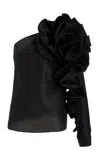 Carolina Herrera Asymmetric Rosette-detailed Silk Top In Black