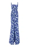 Carolina Herrera Floral-print Stretch Cotton Faille Gown In Blue