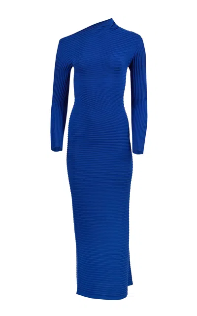 Carolina Herrera Asymmetric Sheer Milano Viscose Dress In Blue