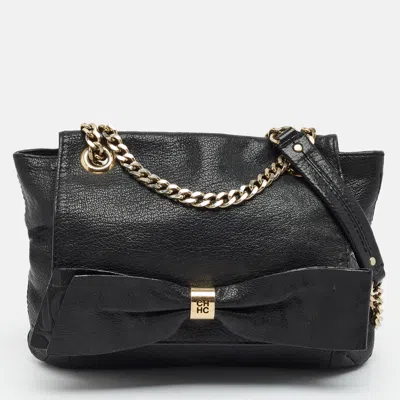 Pre-owned Carolina Herrera Audrey Black Monogram Embossed Leather Shoulder Bag