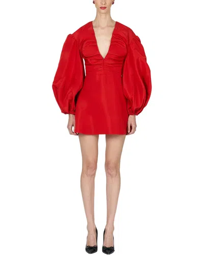 Carolina Herrera Balloon Sleeve Ruched V-neck Silk Mini Dress In Pink