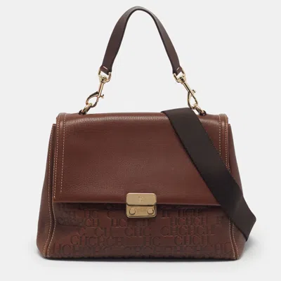 Pre-owned Carolina Herrera Baret Brown Monogram Embossed Leather Top Handle Bag