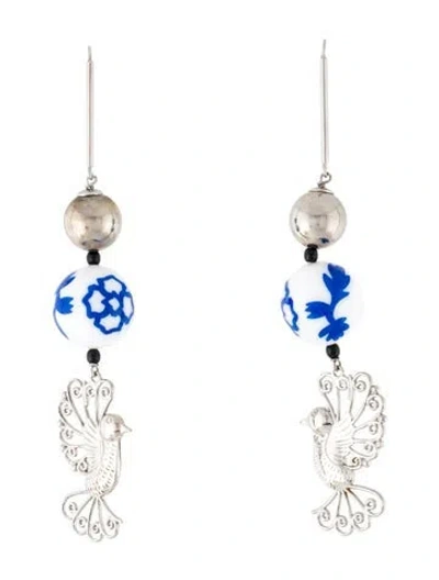 Pre-owned Carolina Herrera Bead Bird Drop Earrings In Blue/white