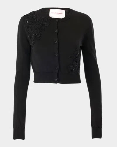 CAROLINA HERRERA BEADED LACE CREWNECK CROP CARDIGAN