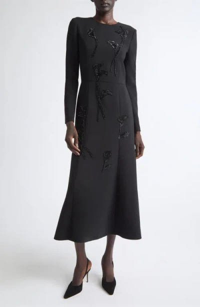 Carolina Herrera Beaded Long Sleeve Midi Dress In Black