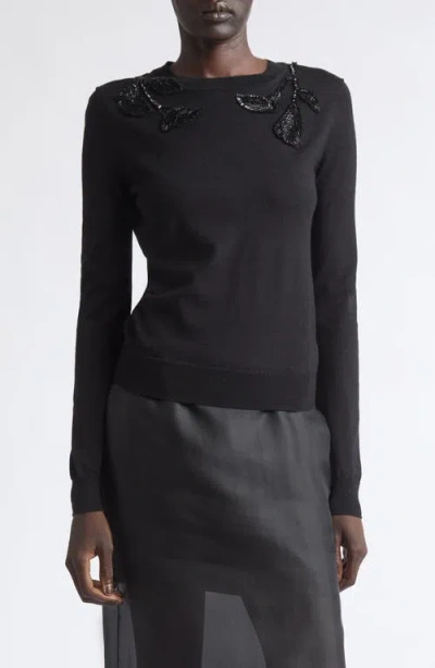 Carolina Herrera Beaded Shoulder Wool & Silk Sweater In Black