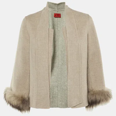 Pre-owned Carolina Herrera Beige Wool Fur Detail Open Front Jacket M In Sand
