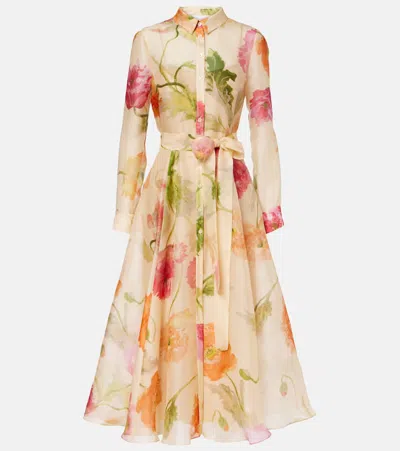 Carolina Herrera Womens Almond Multi Poppy-print Belted Silk-organza Midi Trench Dress