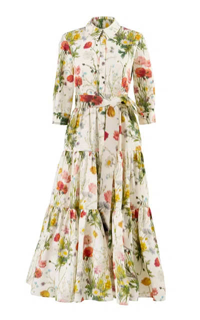 Carolina Herrera Belted Meadow Floral Cotton Shirt Dress In White