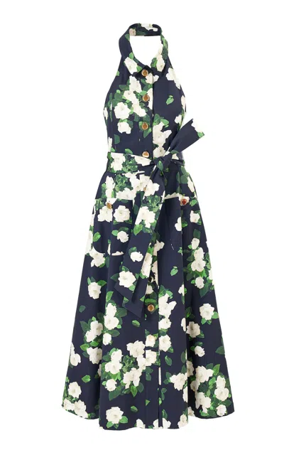 Carolina Herrera Belted Painted Rose Cotton Midi Dress In Blue