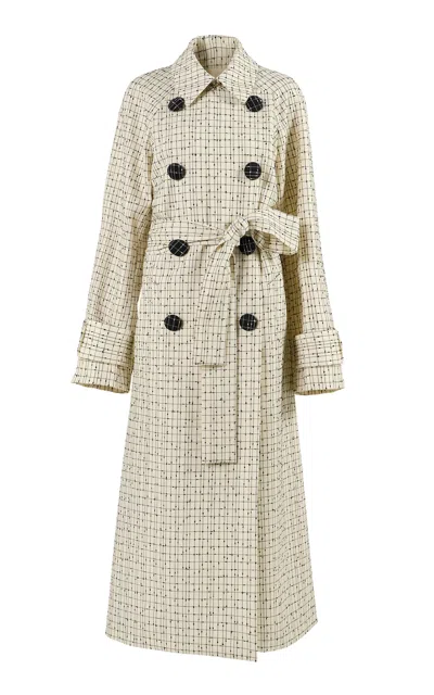 Carolina Herrera Belted Slub Yarn Check Tailoring Trench Coat In Neutral
