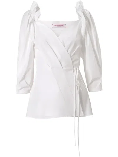 Carolina Herrera Bishop-sleeve Tied-waist Top In White