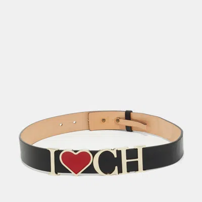 Pre-owned Carolina Herrera Black Leather I Love Ch Waist Belt 75cm