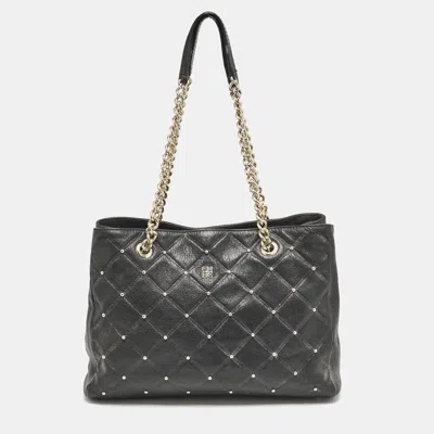 Pre-owned Carolina Herrera Black Logo Embossed Quilted Leather Studded Chain Tote
