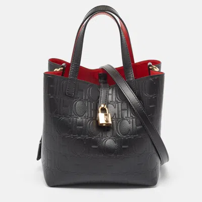 Pre-owned Carolina Herrera Black Monogram Embossed Leather Small Matryoshka Locked Tote