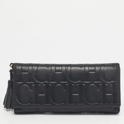 Pre-owned Carolina Herrera Black Monogram Embossed Leather Tassel Trifold Continental Wallet