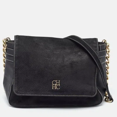 Pre-owned Carolina Herrera Black Nubuck And Leather Chain Flap Shoulder Bag