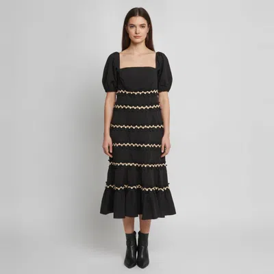 Pre-owned Carolina Herrera Black Poplin Rickrack Trim Midi Dress L