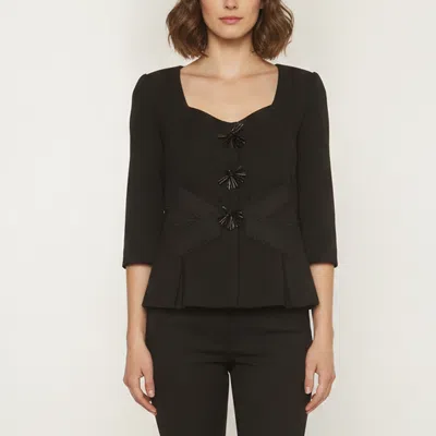 Pre-owned Carolina Herrera Black Textured Wool Embellished Bow Jacket M
