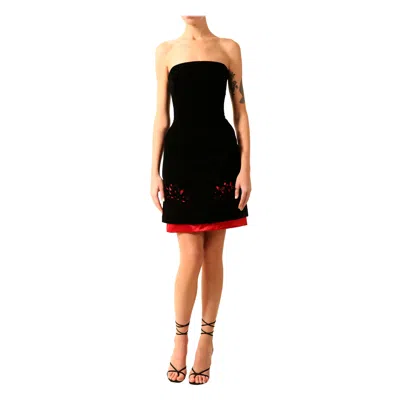 Pre-owned Carolina Herrera Black Velvet Red Satin Strapless Cut Out Floral Bustier Dress