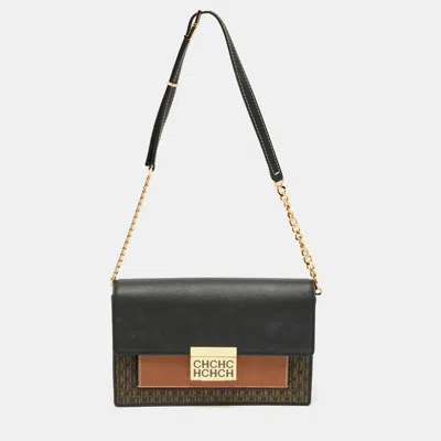 Carolina Herrera Black/brown Monogram Coated Canvas And Leather Chhc Flap Shoulder Bag